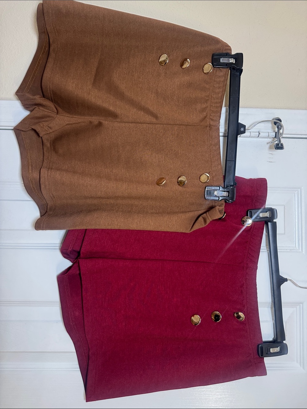 High-Waist Button Accent Shorts — Burgundy & Brown